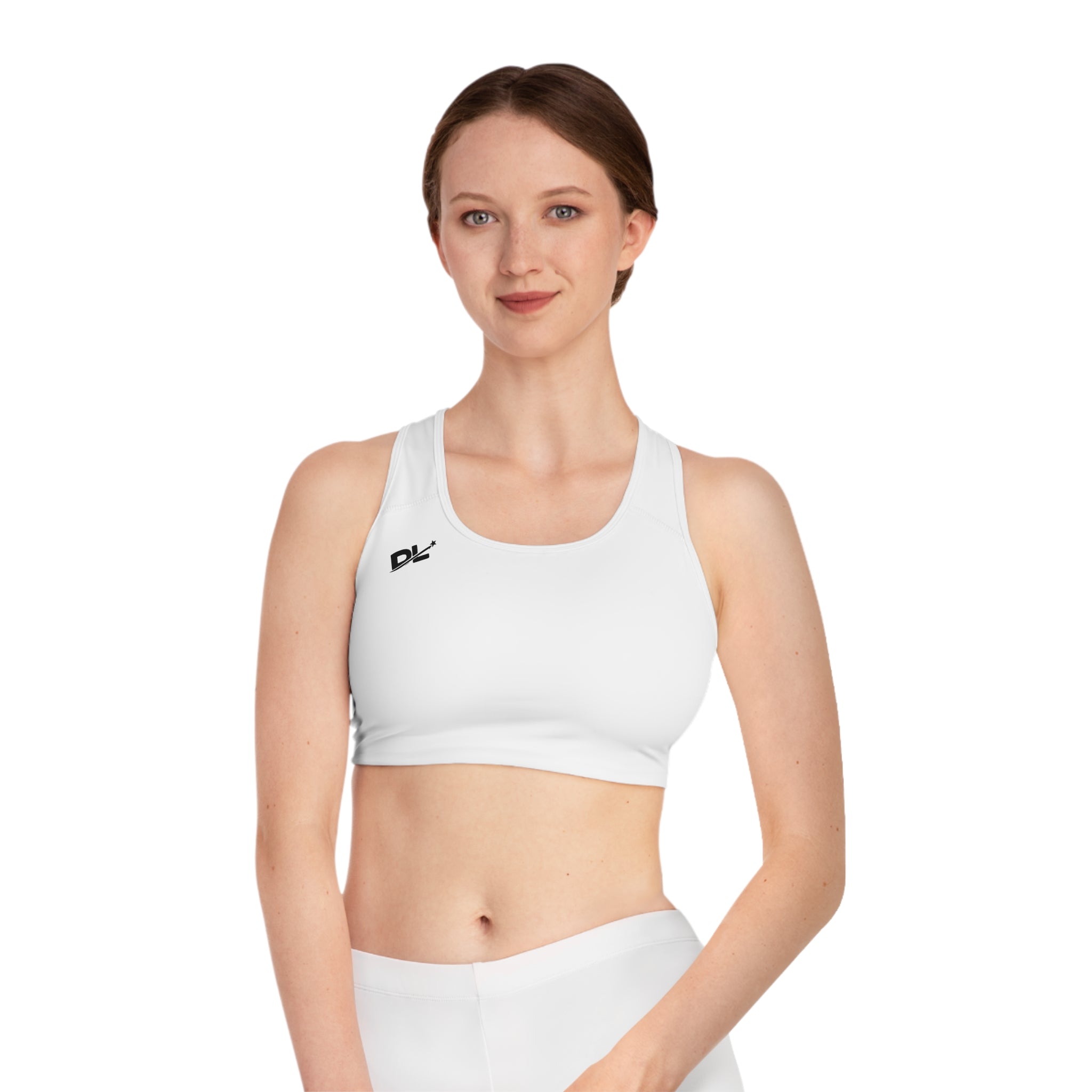 Minimalist White Sports Bra — Small Black 'DL' Logo, Racerback Activewear