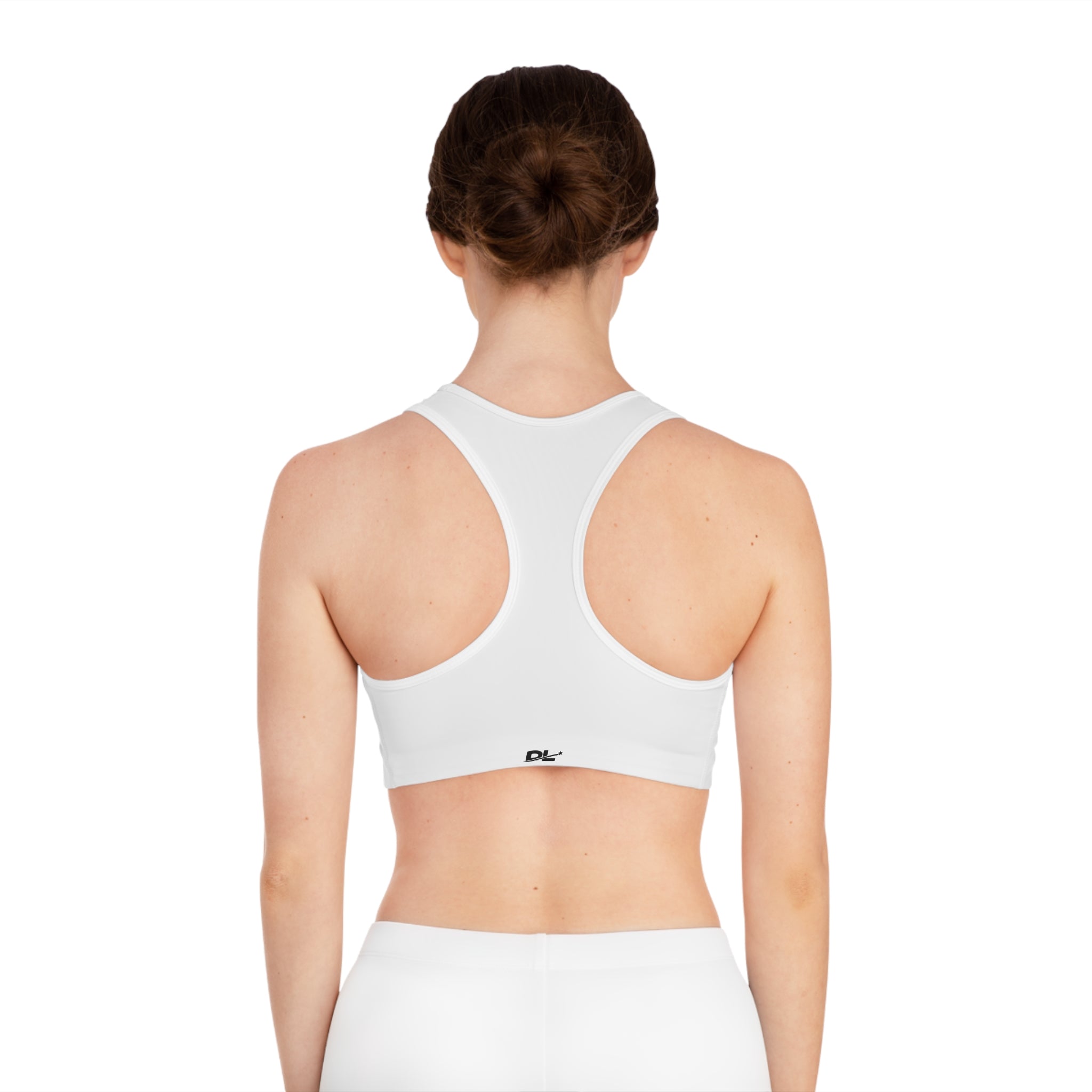 Minimalist White Sports Bra — Small Black 'DL' Logo, Racerback Activewear